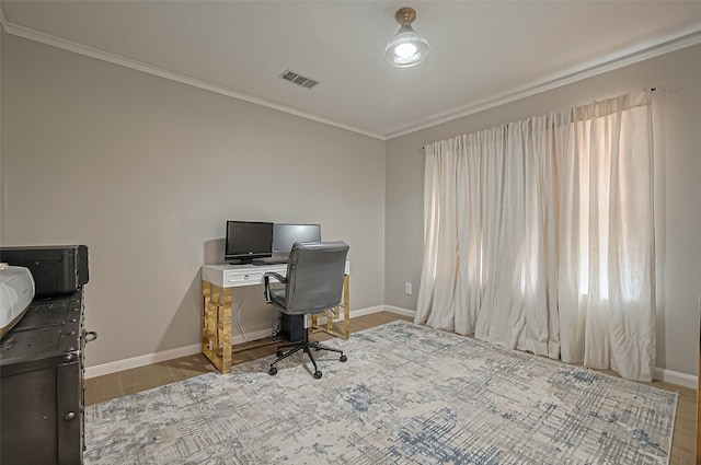 13622 Indian Creek Rd, Houston, TX 77079 - office area with ornamental molding, baseboards, and wood finished floors