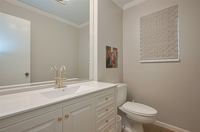 13622 Indian Creek Rd, Houston, TX 77079 - bathroom with toilet, ornamental molding, vanity, and baseboards