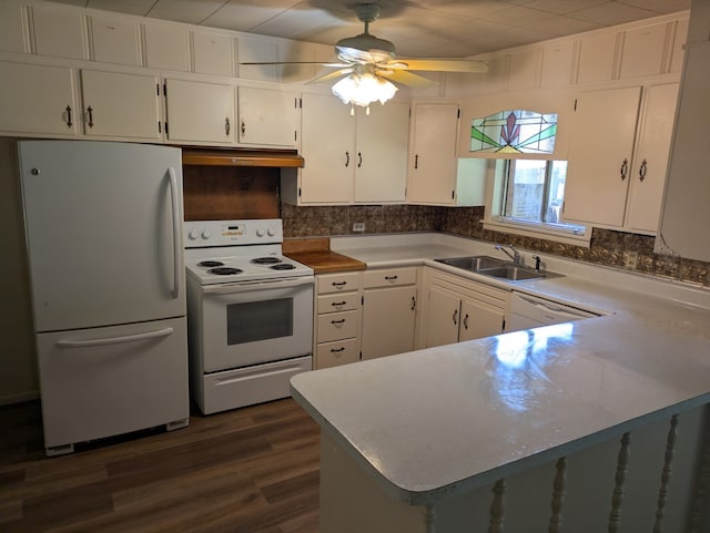 405 Gifford, Rusk, TX 75785 - kitchen featuring white appliances, a sink, extractor fan, backsplash, and dark wood-style floors