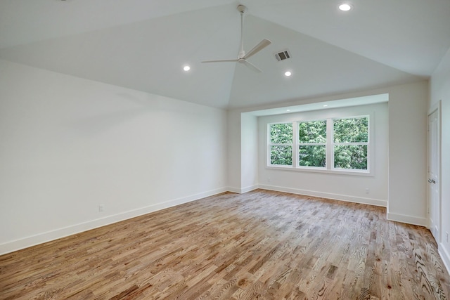 1243 Candlelight Ln, Houston, TX 77018 - unfurnished room with light wood-style flooring, ceiling fan, baseboards, recessed lighting, and high vaulted ceiling