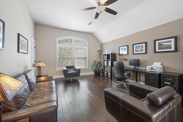 6218 Southcott Ct, Katy, TX 77450 - office area featuring a ceiling fan, dark wood finished floors, lofted ceiling, and baseboards