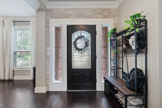 6218 Southcott Ct, Katy, TX 77450 - foyer with dark wood-style flooring, baseboards, and crown molding