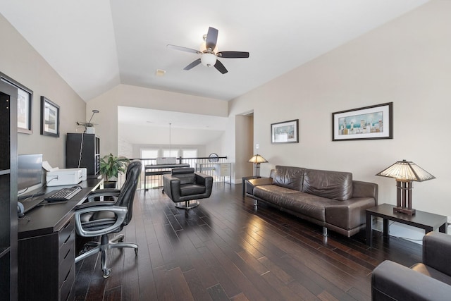 6218 Southcott Ct, Katy, TX 77450 - office space with ceiling fan, wood finished floors, and vaulted ceiling
