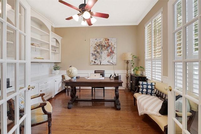 17814 Shady Arbor Way, Spring, TX 77379 - office featuring healthy amount of natural light, wood finished floors, ceiling fan, crown molding, and a wainscoted wall