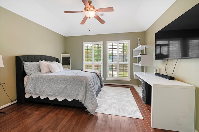 17814 Shady Arbor Way, Spring, TX 77379 - bedroom with dark wood-style flooring, vaulted ceiling, and ceiling fan