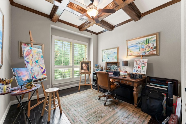 74 Spincaster Dr, Spring, TX 77389 - office with coffered ceiling, ceiling fan, beamed ceiling, and crown molding