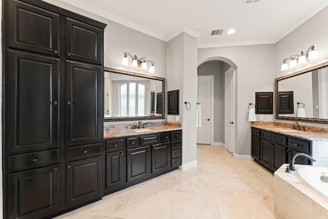 74 Spincaster Dr, Spring, TX 77389 - full bath with vanity, ornamental molding, a bath, tile patterned flooring, and recessed lighting