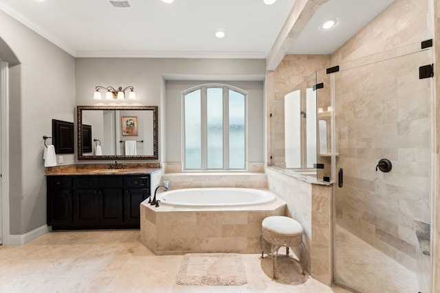 74 Spincaster Dr, Spring, TX 77389 - bathroom featuring a garden tub, vanity, a stall shower, ornamental molding, and recessed lighting