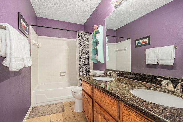 1826 Concho River Ct, Sugar Land, TX 77478 - full bathroom with toilet, shower / tub combo with curtain, double vanity, a textured ceiling, and tile patterned flooring