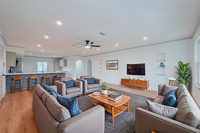 6023 Viking Dr, Houston, TX 77092 - living room featuring recessed lighting, light wood-style flooring, and a ceiling fan
