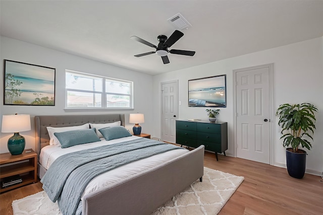 6023 Viking Dr, Houston, TX 77092 - bedroom with light wood-style flooring, ceiling fan, and two closets
