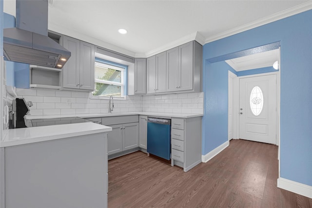 2406 W Elvinta St, Baytown, TX 77520 - kitchen featuring dishwashing machine, island exhaust hood, open shelves, a sink, and ornamental molding