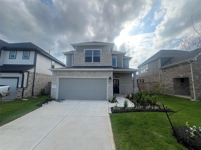19380 Poppy Village Cir, Magnolia, TX 77355 - view of front facade featuring brick siding, board and batten siding, an attached garage, a front lawn, and driveway