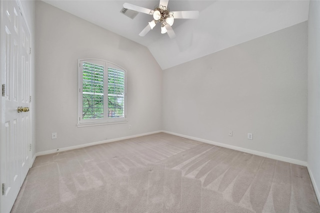 14414 Spanish River Ln, Cypress, TX 77429 - empty room with light carpet, baseboards, vaulted ceiling, and ceiling fan