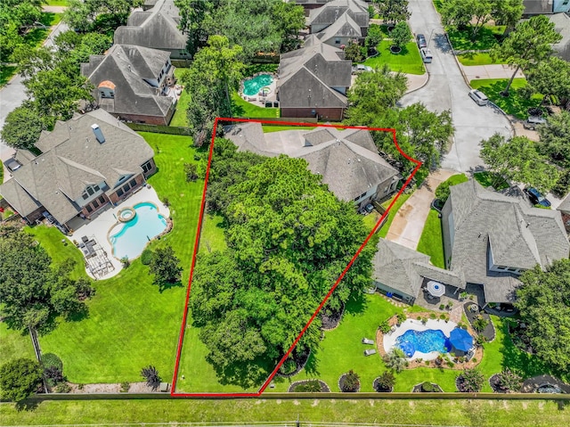 14414 Spanish River Ln, Cypress, TX 77429 - aerial perspective of suburban area featuring a pool and property boundaries highlighted