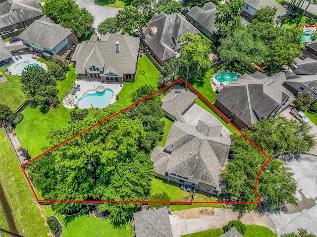 14414 Spanish River Ln, Cypress, TX 77429 - aerial view of residential area featuring a pool and property boundaries highlighted