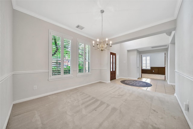 14414 Spanish River Ln, Cypress, TX 77429 - carpeted empty room with a chandelier, baseboards, tile patterned flooring, and crown molding