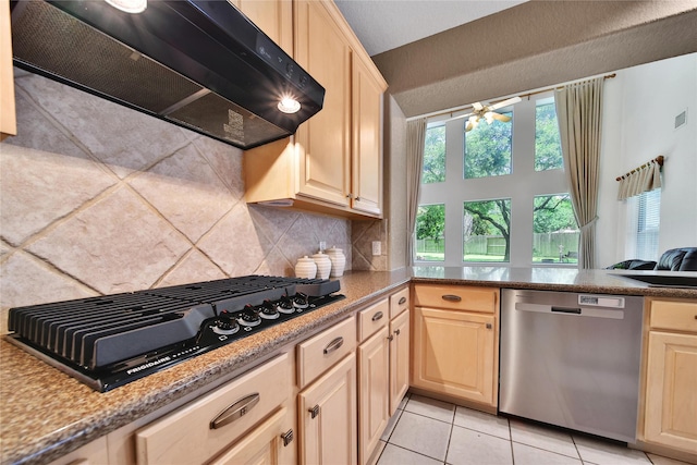 14414 Spanish River Ln, Cypress, TX 77429 - kitchen with dishwasher, extractor fan, light brown cabinets, and gas cooktop