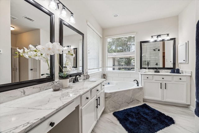 13411 SE Via Chianti Ln, Cypress, TX 77429 - full bath with two vanities, a stall shower, a tub with jets, and marble finish flooring