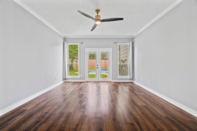 1806 Quiet Country Ct, Houston, TX 77345 - empty room with french doors, hardwood / wood-style floors, baseboards, a ceiling fan, and crown molding