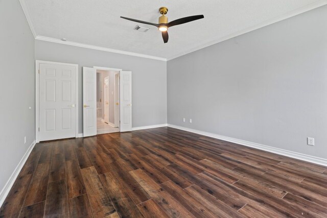 1806 Quiet Country Ct, Houston, TX 77345 - unfurnished bedroom with dark wood-style flooring, baseboards, ornamental molding, and ceiling fan