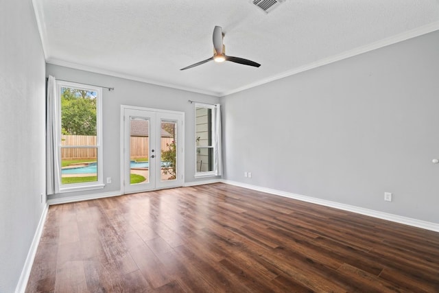 1806 Quiet Country Ct, Houston, TX 77345 - unfurnished room featuring french doors, dark wood-type flooring, ornamental molding, baseboards, and a ceiling fan