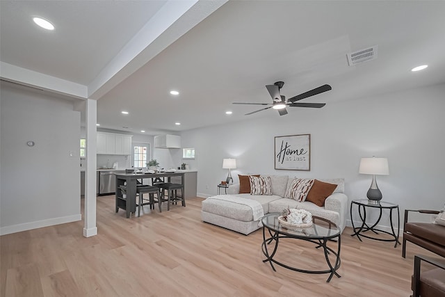 7406 Valeda Dr, Deer Park, TX 77536 - living room with recessed lighting, light wood-style flooring, a ceiling fan, and baseboards
