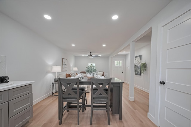 7406 Valeda Dr, Deer Park, TX 77536 - dining room featuring light wood-type flooring, baseboards, a ceiling fan, and recessed lighting