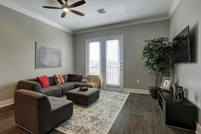 2400 Mccue Rd Unit 250, Houston, TX 77056 - living area featuring ceiling fan, baseboards, ornamental molding, and dark wood-style flooring