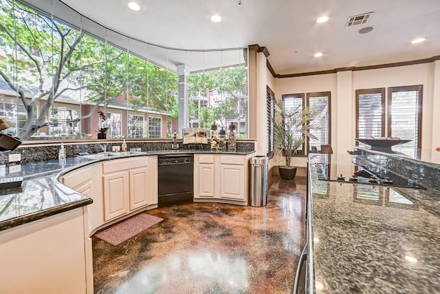 2400 Mccue Rd Unit 250, Houston, TX 77056 - kitchen featuring dishwasher, a sink, dark stone countertops, plenty of natural light, and recessed lighting