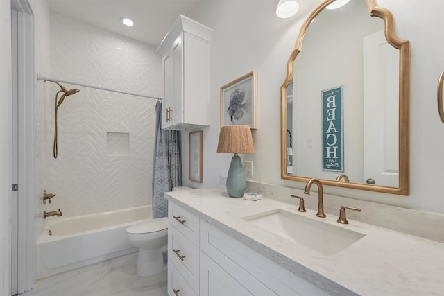 3903 Evening Primrose Dr, Galveston, TX 77554 - bathroom featuring vanity, shower / tub combo with curtain, toilet, recessed lighting, and marble look tile flooring