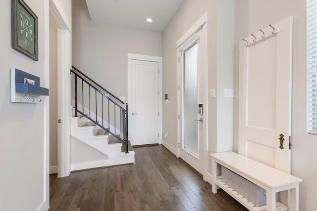 1703 Freeman St, Houston, TX 77009 - foyer featuring wood finished floors, stairs, baseboards, and recessed lighting
