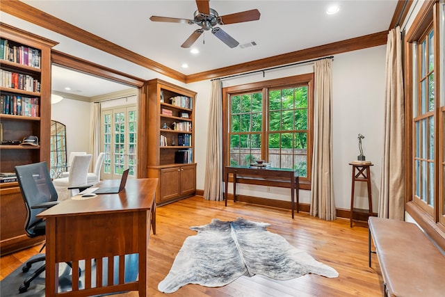 3502 Underwood St, Houston, TX 77025 - office with ornamental molding, ceiling fan, plenty of natural light, light wood-style floors, and recessed lighting