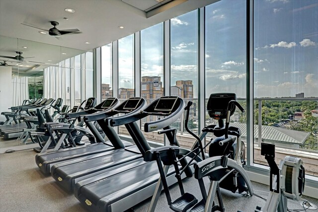 2727 Kirby Dr Unit 17D, Houston, TX 77098 - workout area featuring ceiling fan and a wall of windows