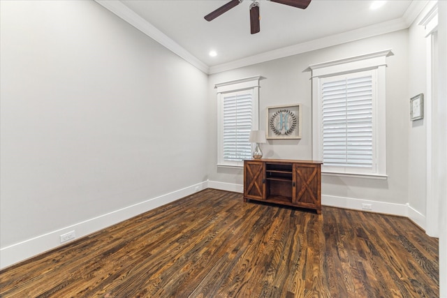 412 W 24th St, Houston, TX 77008 - office area with ornamental molding, a ceiling fan, baseboards, dark wood-style floors, and recessed lighting