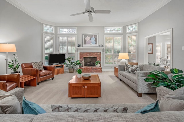 3008 Cochise Ct, College Station, TX 77845 - living area with ornamental molding, plenty of natural light, a ceiling fan, light colored carpet, and a fireplace