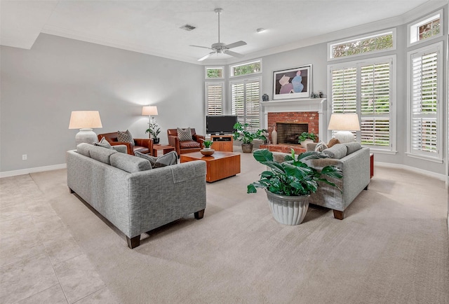 3008 Cochise Ct, College Station, TX 77845 - living area featuring ornamental molding, a brick fireplace, ceiling fan, and baseboards