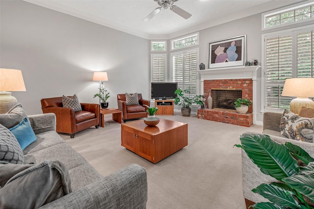 3008 Cochise Ct, College Station, TX 77845 - living area with healthy amount of natural light, crown molding, a ceiling fan, light colored carpet, and a brick fireplace