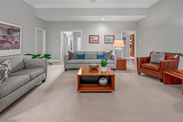 3008 Cochise Ct, College Station, TX 77845 - living room featuring light carpet, ornamental molding, baseboards, and recessed lighting