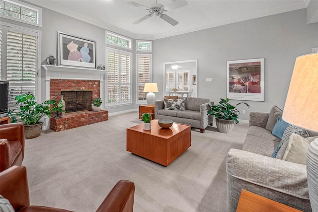 3008 Cochise Ct, College Station, TX 77845 - living area featuring light carpet, ceiling fan, healthy amount of natural light, and crown molding