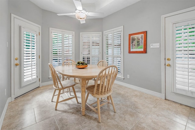 3008 Cochise Ct, College Station, TX 77845 - dining space with a ceiling fan, light tile patterned flooring, and baseboards