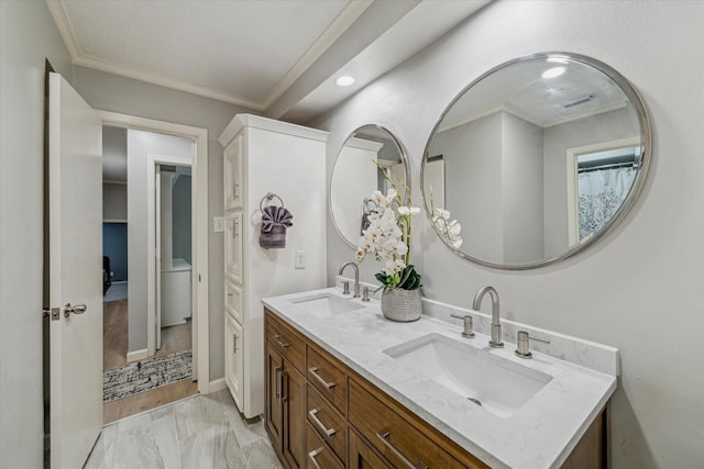 2411 Oakbank Dr, Houston, TX 77339 - bathroom featuring double vanity, marble look tiles, crown molding, and recessed lighting
