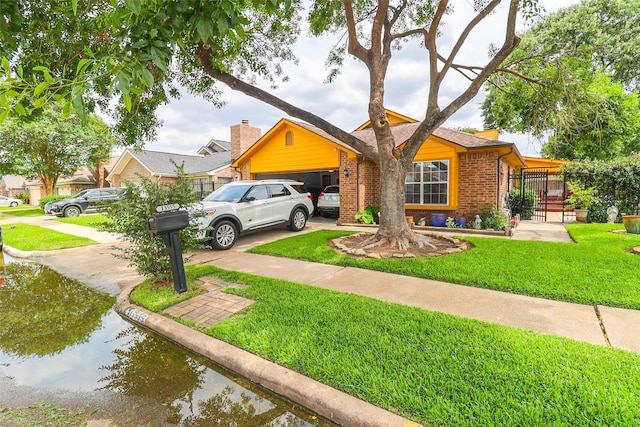 13555 Portobello Dr, Houston, TX 77083 - view of front of property featuring brick siding, a front lawn, a garage, driveway, and a chimney
