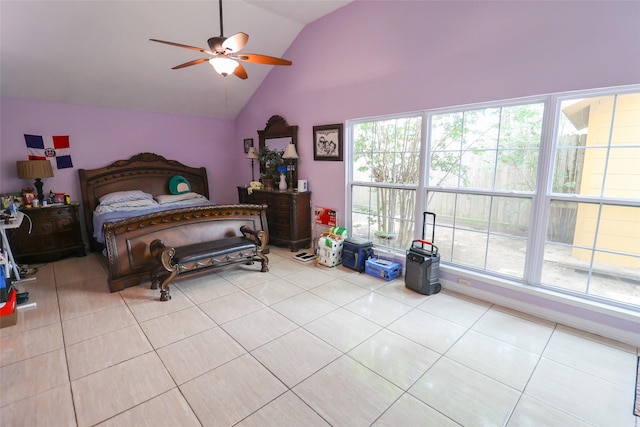 13555 Portobello Dr, Houston, TX 77083 - tiled bedroom featuring multiple windows, high vaulted ceiling, and a ceiling fan