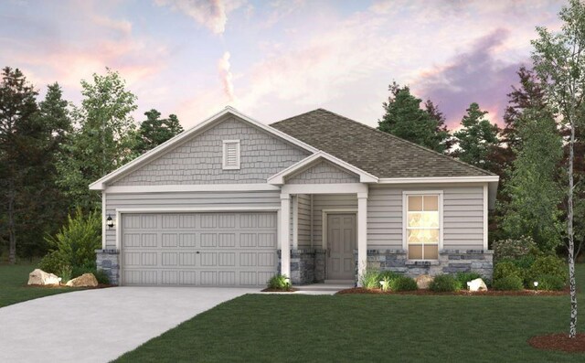 10709 Blocker Ct, Bryan, TX 77801 - craftsman inspired home featuring stone siding, concrete driveway, an attached garage, and a lawn