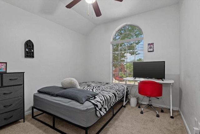 8731 Majesticbrook Dr, Houston, TX 77095 - bedroom featuring carpet flooring, vaulted ceiling, baseboards, and ceiling fan