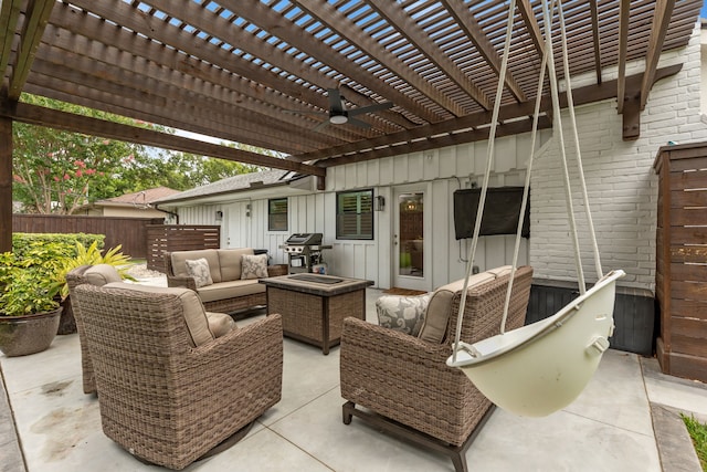 2502 Briarbrook Dr, Houston, TX 77042 - view of patio / terrace featuring an outdoor living space, a pergola, a ceiling fan, and area for grilling