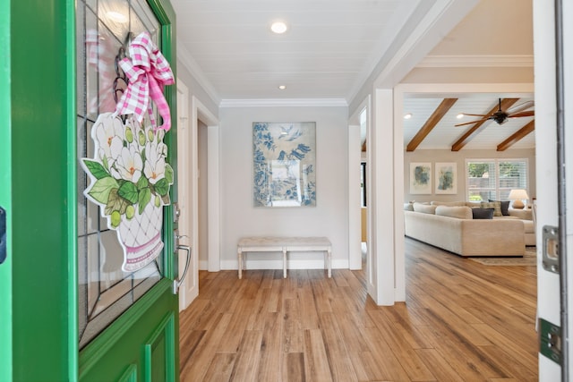 2502 Briarbrook Dr, Houston, TX 77042 - foyer entrance featuring recessed lighting, light wood-style flooring, beamed ceiling, baseboards, and ornamental molding