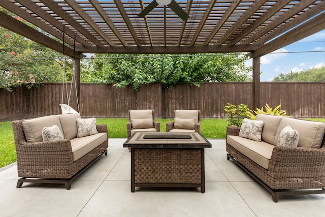 2502 Briarbrook Dr, Houston, TX 77042 - fenced backyard featuring outdoor lounge area, a pergola, and a ceiling fan