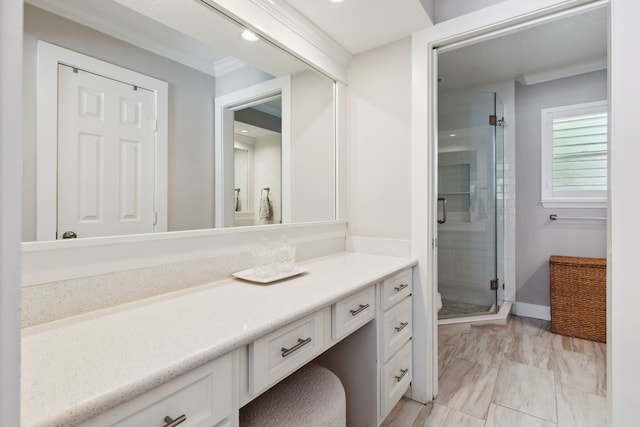 2502 Briarbrook Dr, Houston, TX 77042 - bathroom with vanity, a shower stall, marble finish flooring, crown molding, and recessed lighting